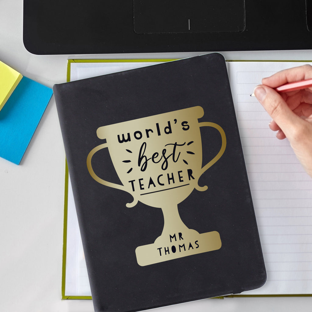 Personalised Worlds Best Teacher Trophy Black Hardback Notebook - Buy Stationery & Pens at GiftMasters.co.uk