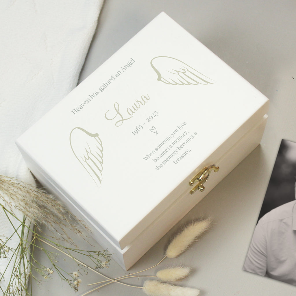 Personalised Angel Wings Memorial White Wooden Box - Buy Storage at GiftMasters.co.uk