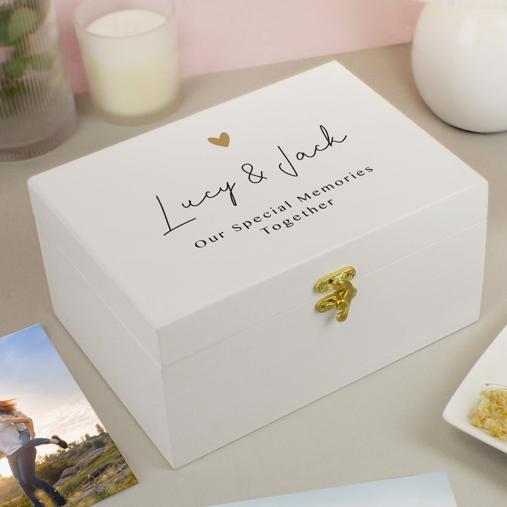 Personalised Gold Heart White Memory Box - Buy Trinket, Jewellery & Keepsake Boxes at GiftMasters.co.uk