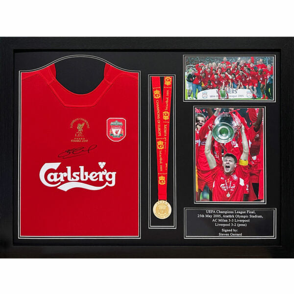 Liverpool FC 2005 Gerrard Signed Shirt & Medal (Framed) - Buy Shirts at GiftMasters.co.uk