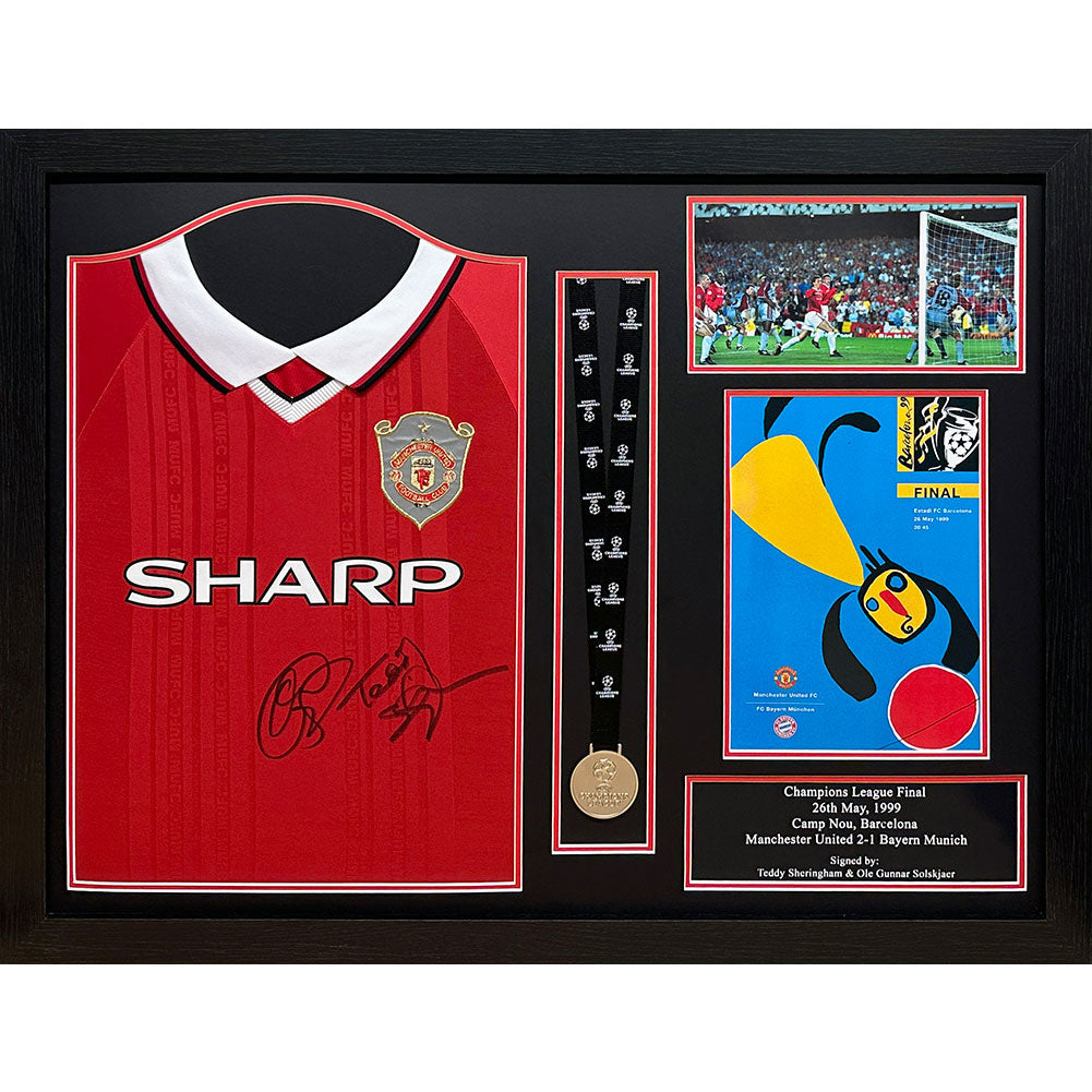 Manchester United FC 1999 Solskjaer & Sheringham Signed Shirt & Medal (Framed) - Buy Shirts at GiftMasters.co.uk