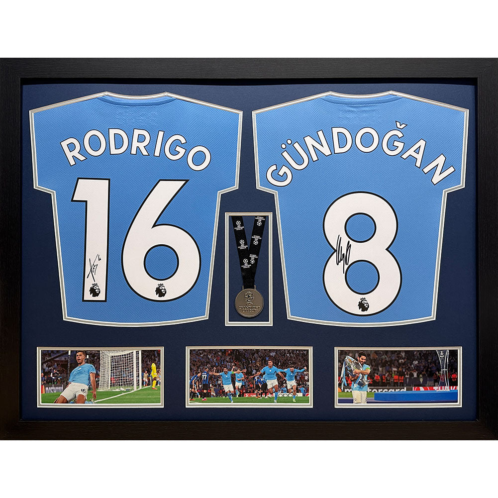 Manchester City FC Rodri & Gundogan Signed Shirts & Medal (Dual Framed) - Buy Shirts at GiftMasters.co.uk
