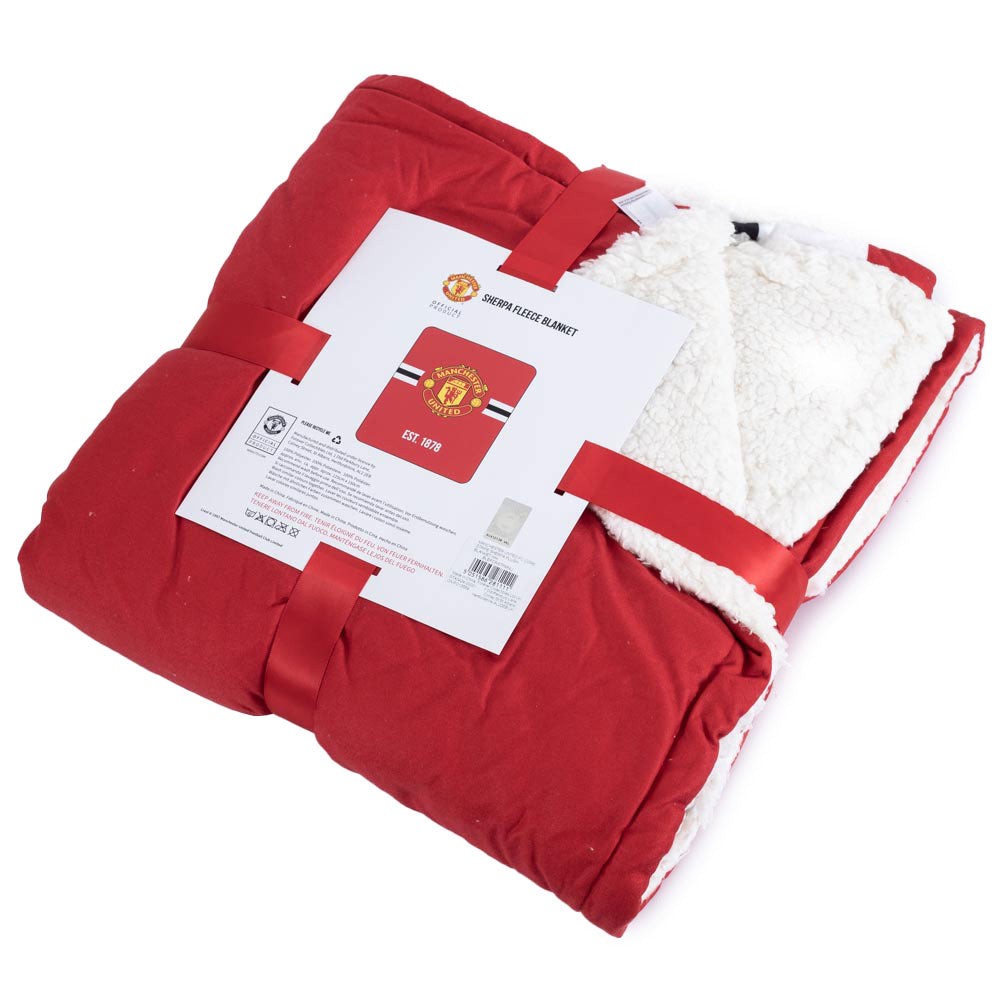 Manchester United FC Core Stripe Sherpa Fleece Blanket - GiftMasters.co.uk