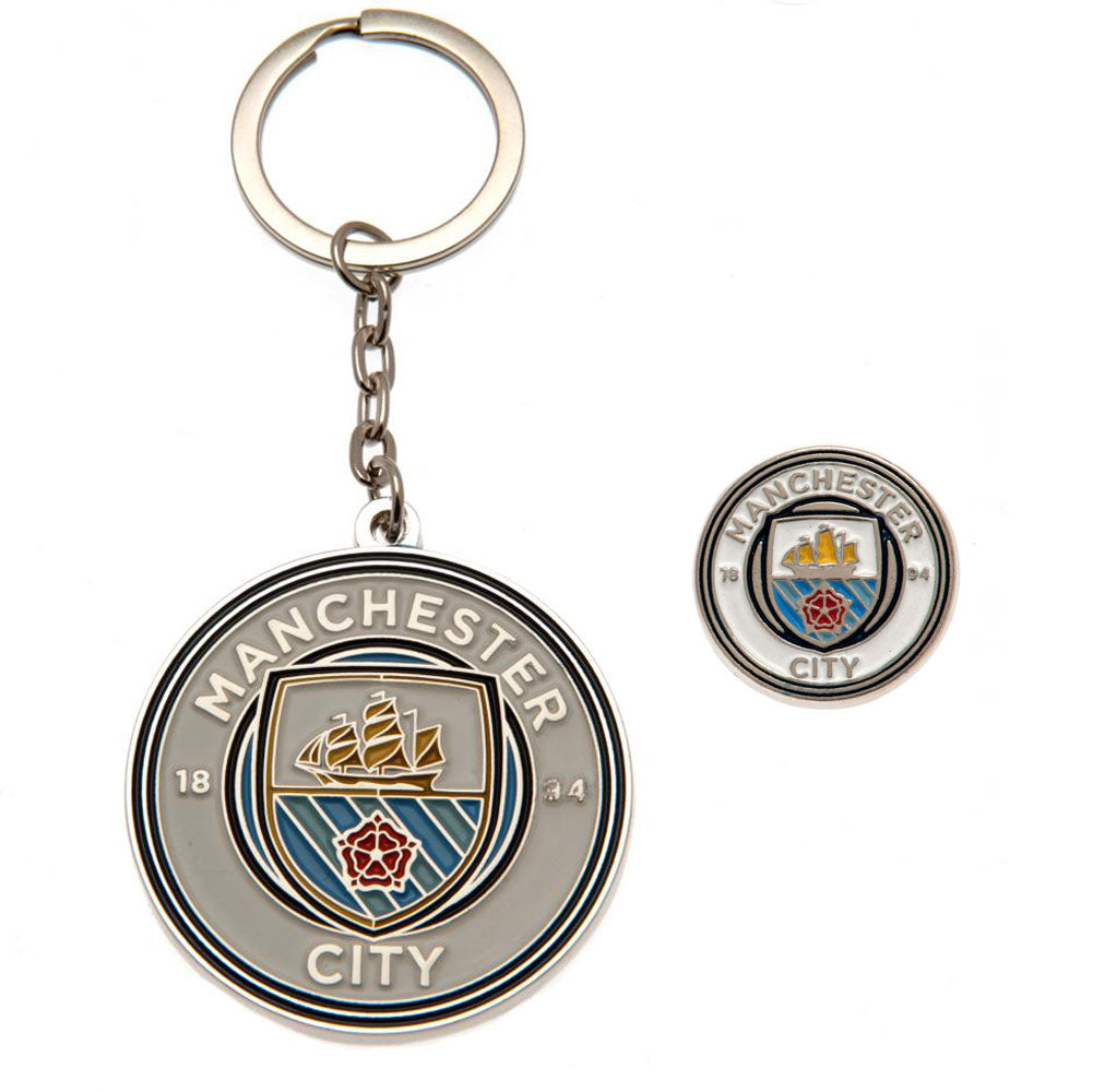 Manchester City FC Keyring & Badge Set - Buy Keyrings at GiftMasters.co.uk