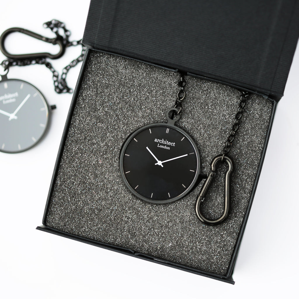 Modern Pocket Watch Black - Handwriting Engraving - Buy MPW at GiftMasters.co.uk
