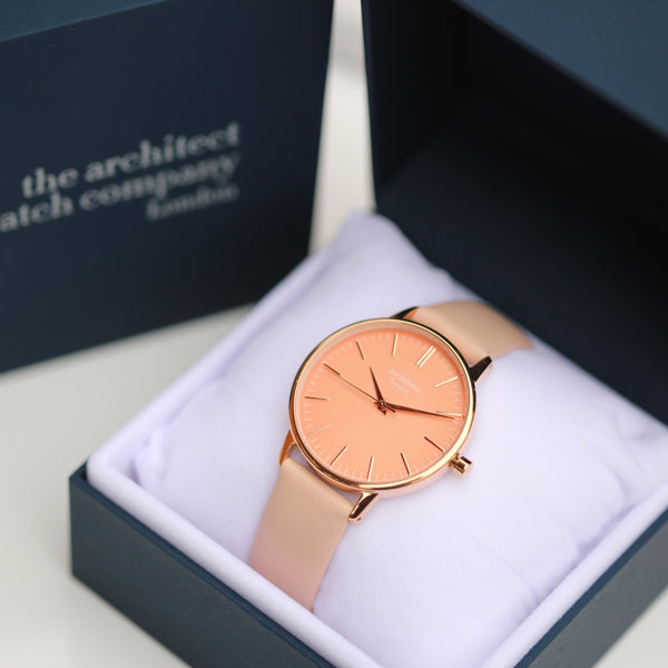 Ladies Architƒìct Coral - Handwriting Engraving + Light Pink Strap - Wear We Met