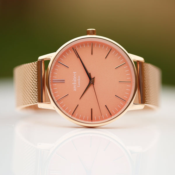 Ladies Architƒìct Coral - Handwriting Engraving + Rose Gold Mesh Strap - Wear We Met