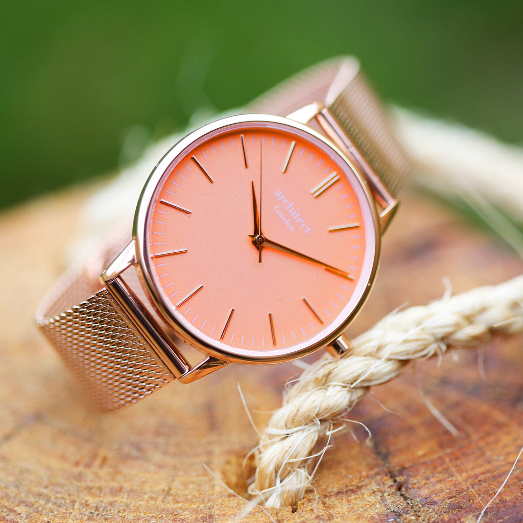 Ladies Architƒìct Coral - Handwriting Engraving + Rose Gold Mesh Strap - Buy Coral at GiftMasters.co.uk