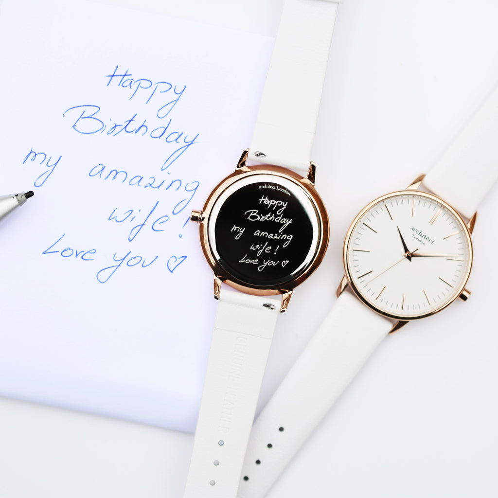 Ladies Architƒìct Blanc - Handwriting Engraving + White Strap - Buy Blanc at GiftMasters.co.uk