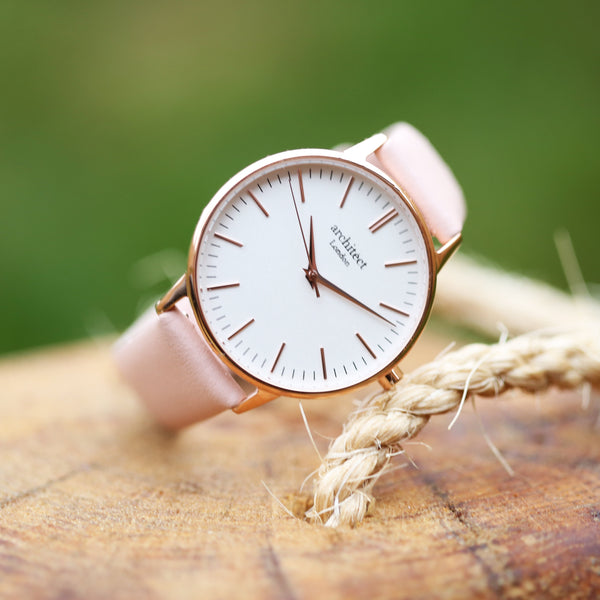 Ladies Architƒìct Blanc - Handwriting Engraving + Light Pink Strap - Wear We Met