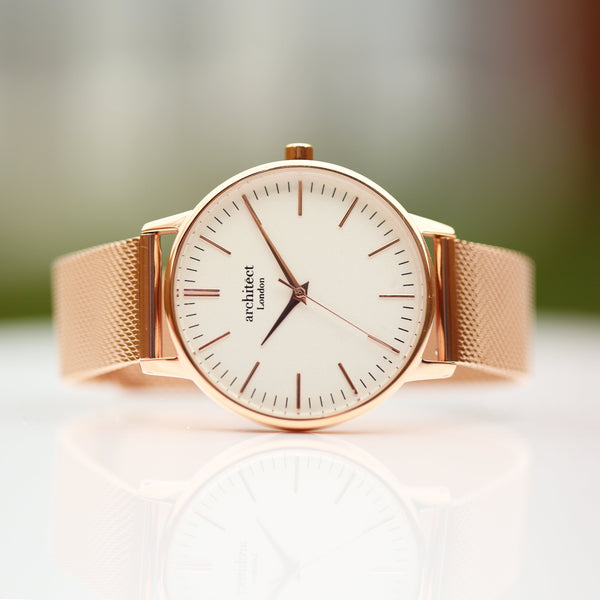 Ladies Architƒìct Blanc - Handwriting Engraving + Rose Gold Mesh Strap - Wear We Met