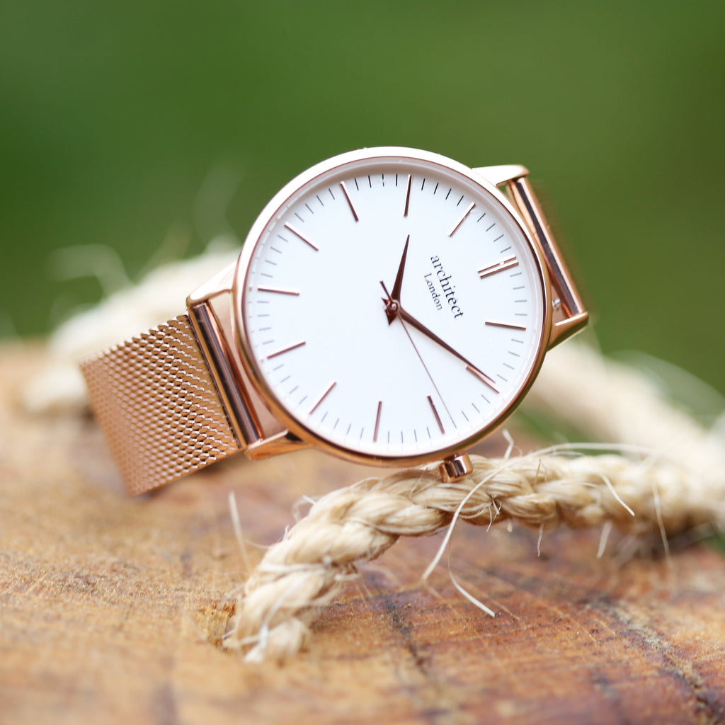 Ladies Architƒìct Blanc - Handwriting Engraving + Rose Gold Mesh Strap - Buy Blanc at GiftMasters.co.uk