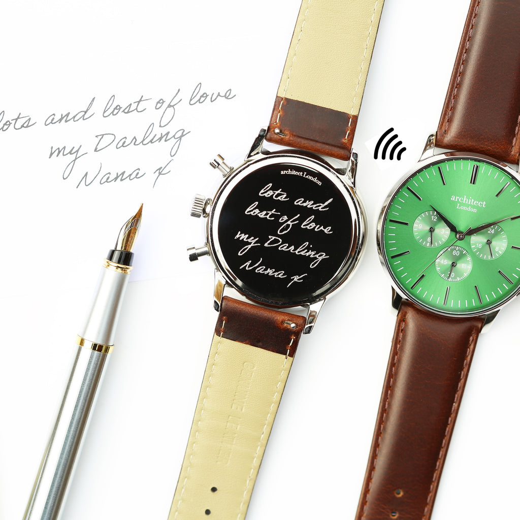 Contactless Payment Watch - Men's Green Motivator + Walnut Strap + Own Handwriting Engraving - Buy Motivator at GiftMasters.co.uk