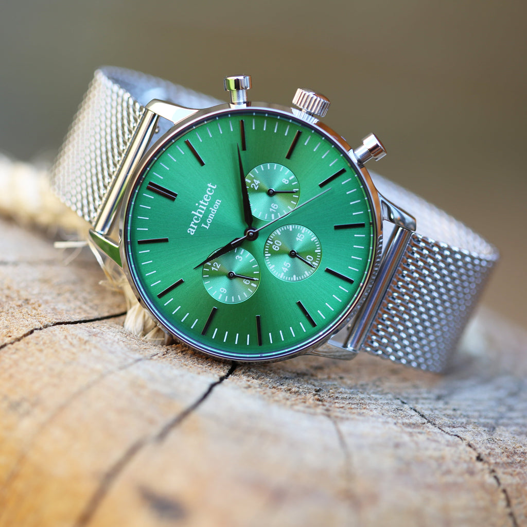 Handwriting Engraving - Men's Architect Motivator Green Face Silver Strap - Buy Motivator at GiftMasters.co.uk