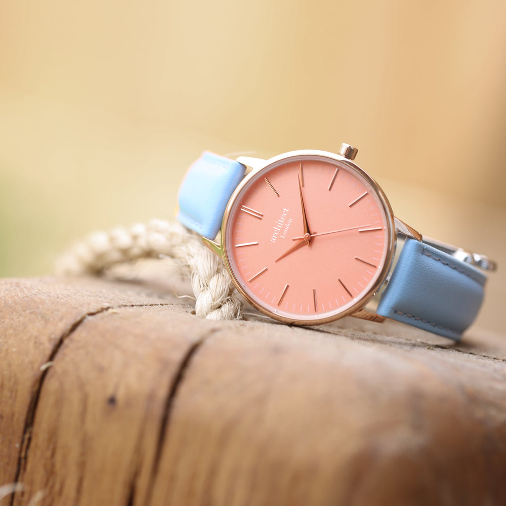 Ladies Architƒìct Coral - Handwriting Engraving + Light Blue Strap - Buy Coral at GiftMasters.co.uk