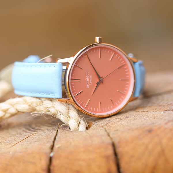 Ladies Architƒìct Coral - Handwriting Engraving + Light Blue Strap - Wear We Met