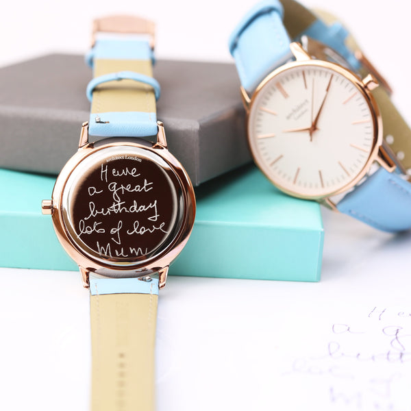 Ladies Architƒìct Blanc - Handwriting Engraving + Light Blue Strap - Wear We Met