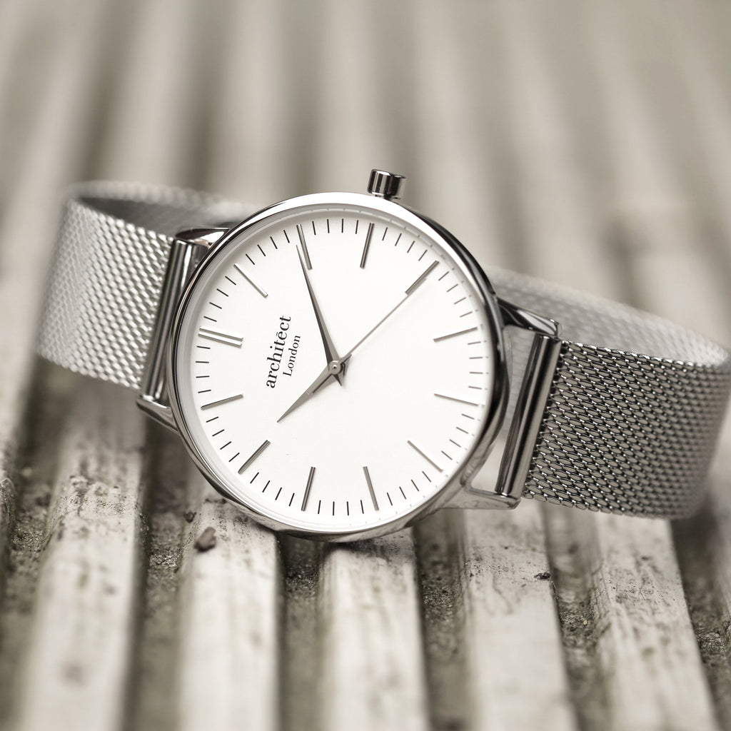 Ladies Architƒìct Blanc Silver Bezel - Handwriting Engraving + Silver Mesh Strap - Buy Blanc at GiftMasters.co.uk