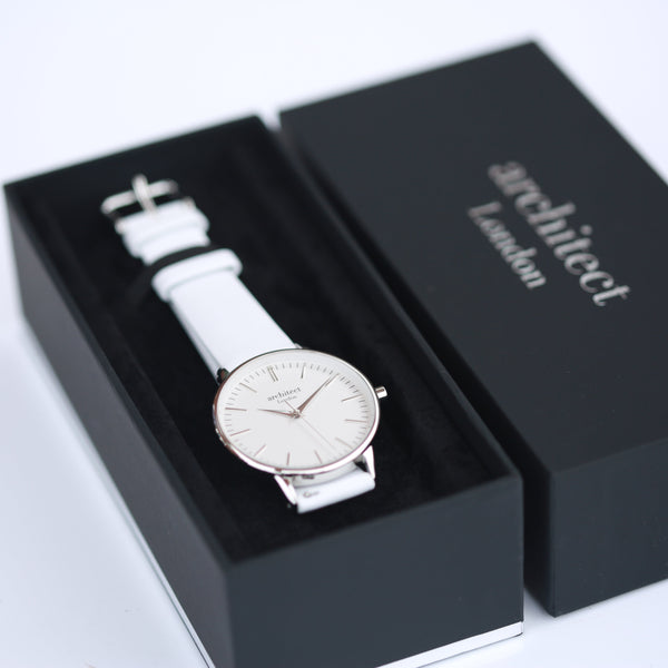 Ladies Architƒìct Blanc Silver Bezel - Handwriting Engraving + White Strap