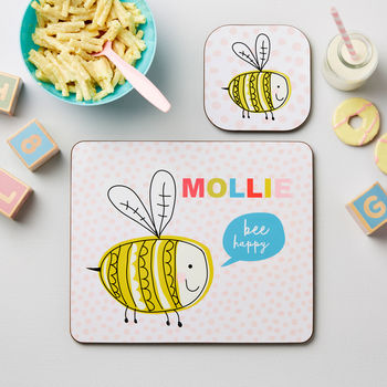 Personalised Kid's Bee Happy Placemat Set - Buy Wooden Coasters at GiftMasters.co.uk