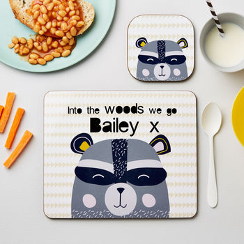 Personalised Kid's Racoon Placemat Set - Buy Wooden Coasters at GiftMasters.co.uk