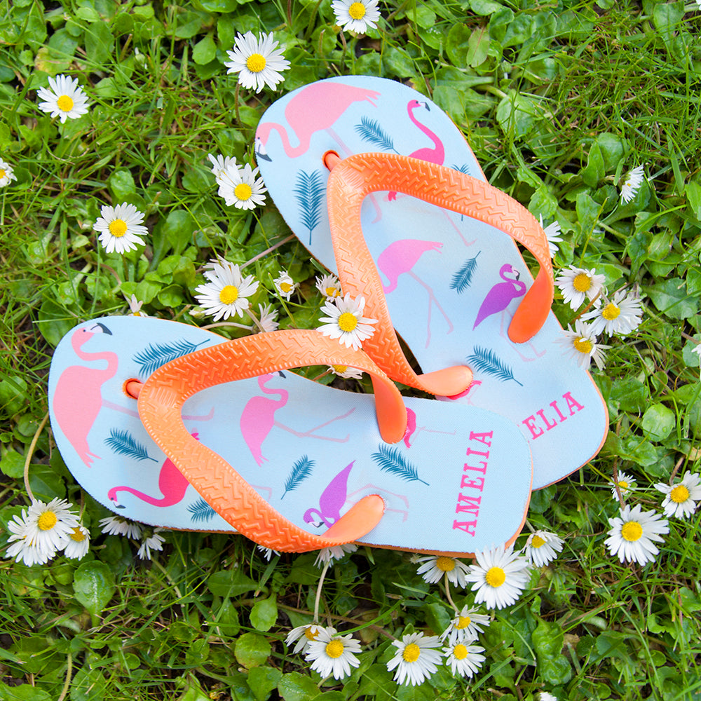 Fabulous Flamingos Child's Personalised Flop Flops - Buy Textile Flip Flops at GiftMasters.co.uk