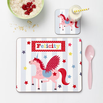 Personalised Girl's Unicorn Placemat Set - Buy Wooden Coasters at GiftMasters.co.uk