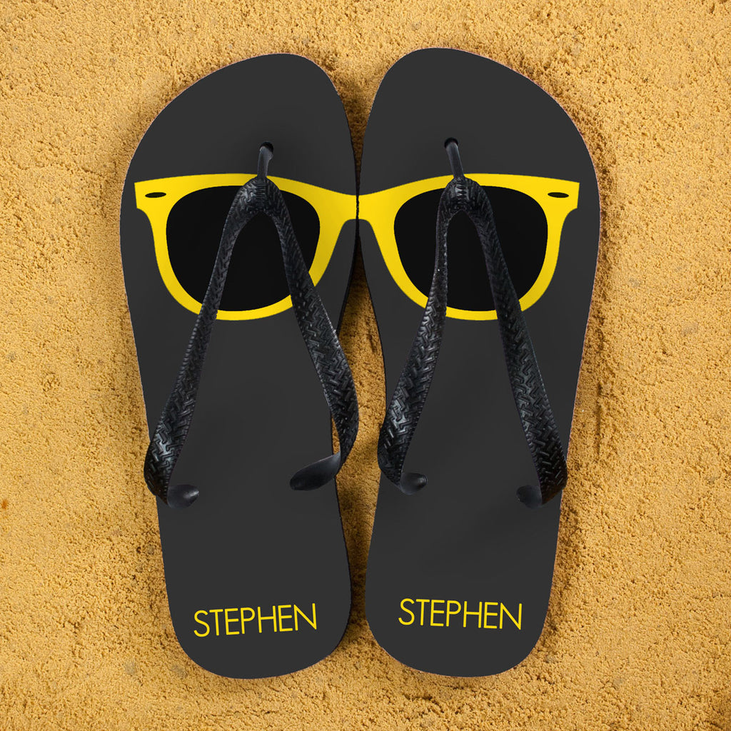 Holiday Style Personalised Flip Flops in Grey and Yellow - Buy Textile Flip Flops at GiftMasters.co.uk