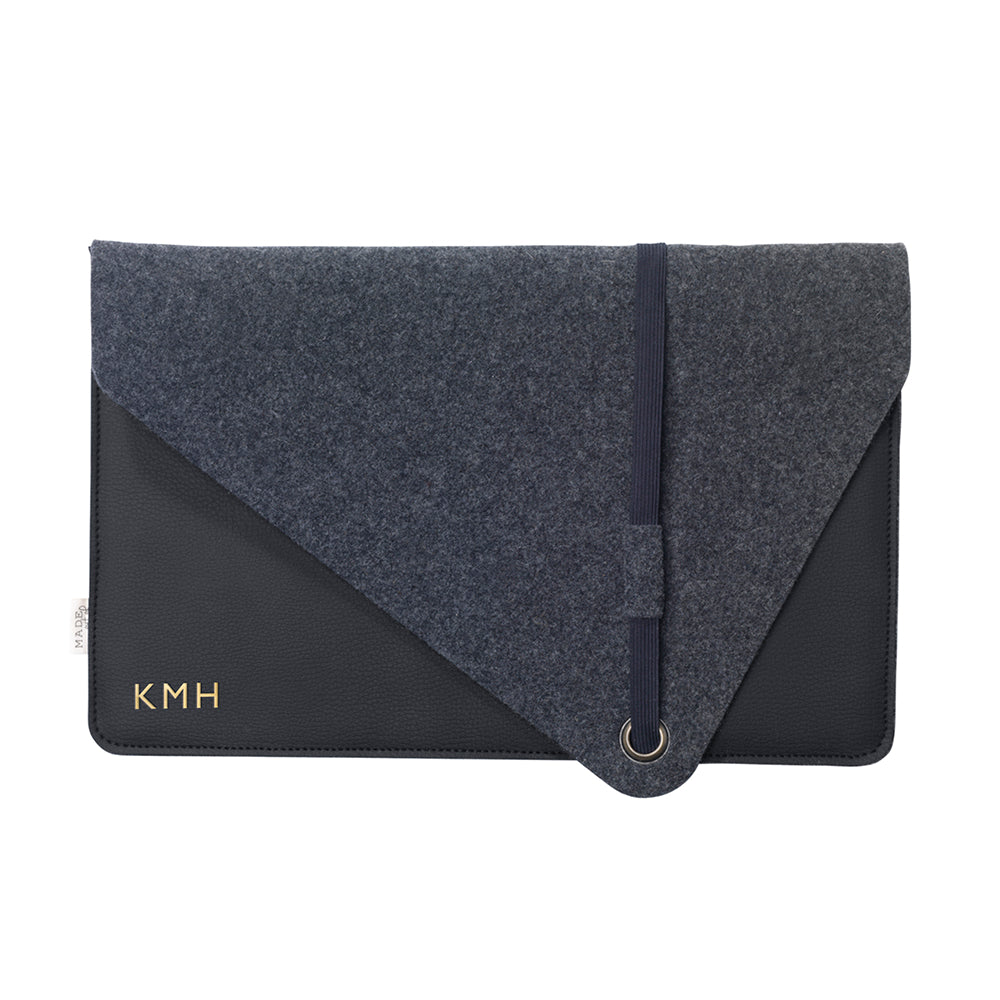 Monogrammed Black Vegan Apple Leather Laptop Sleeve - 15 inch - Buy Apple Leather at GiftMasters.co.uk