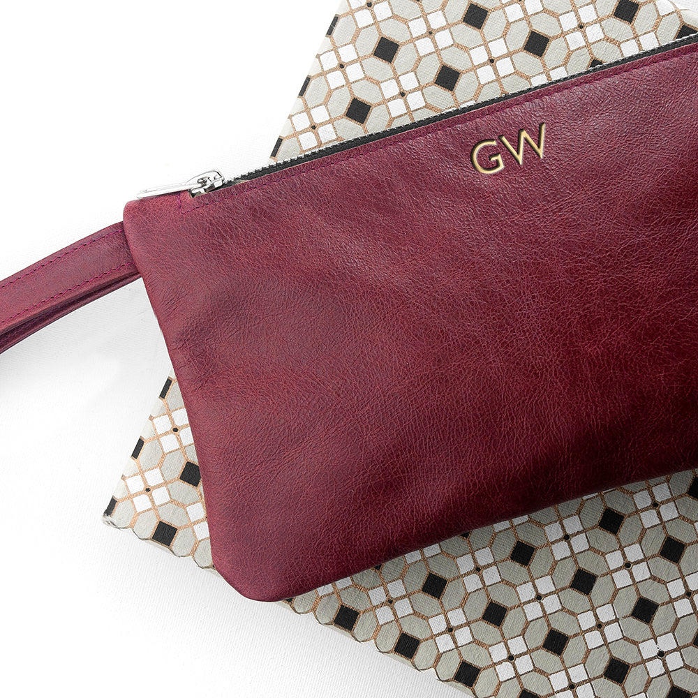 Monogrammed Burgundy Leather Clutch Bag 