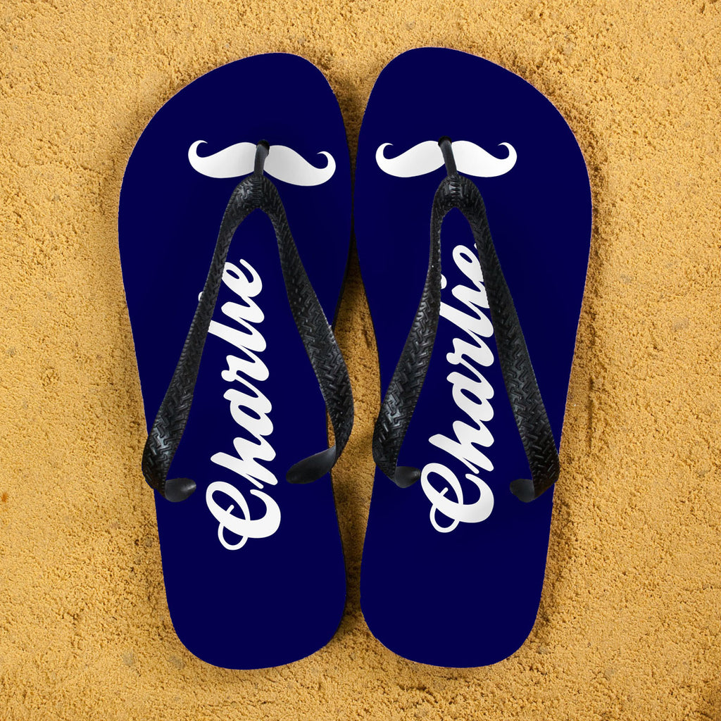 Moustache Style Personalised Flip Flops in Navy Blue - Buy Textile Flip Flops at GiftMasters.co.uk