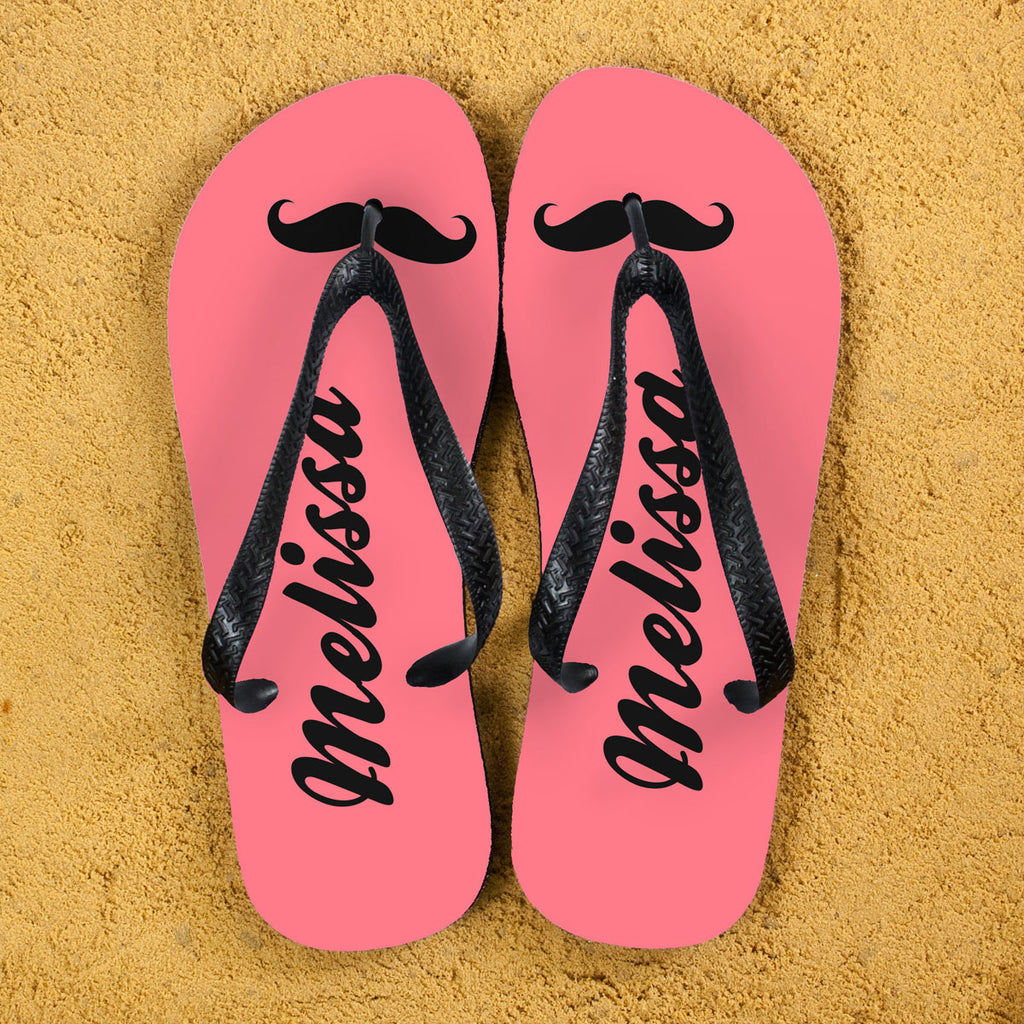 Moustache Style Personalised Flip Flops in Pink - Buy Textile Flip Flops at GiftMasters.co.uk