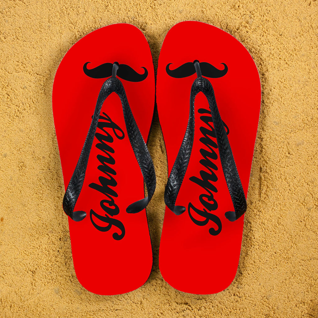 Moustache Style Personalised Flip Flops in Red - Buy Textile Flip Flops at GiftMasters.co.uk