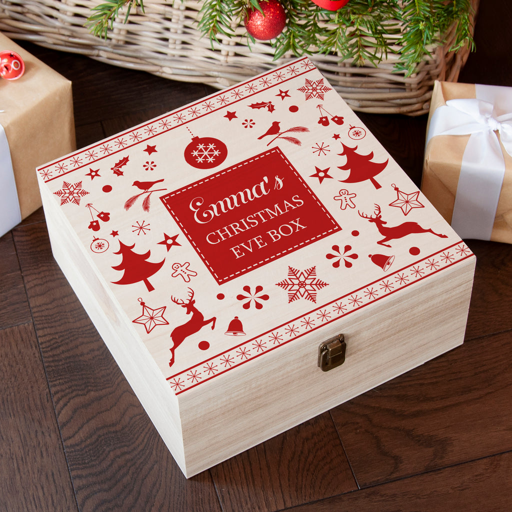 Personalised Festive Scandi Print Christmas Eve Box - Buy Wooden Christmas Eve Boxes at GiftMasters.co.uk