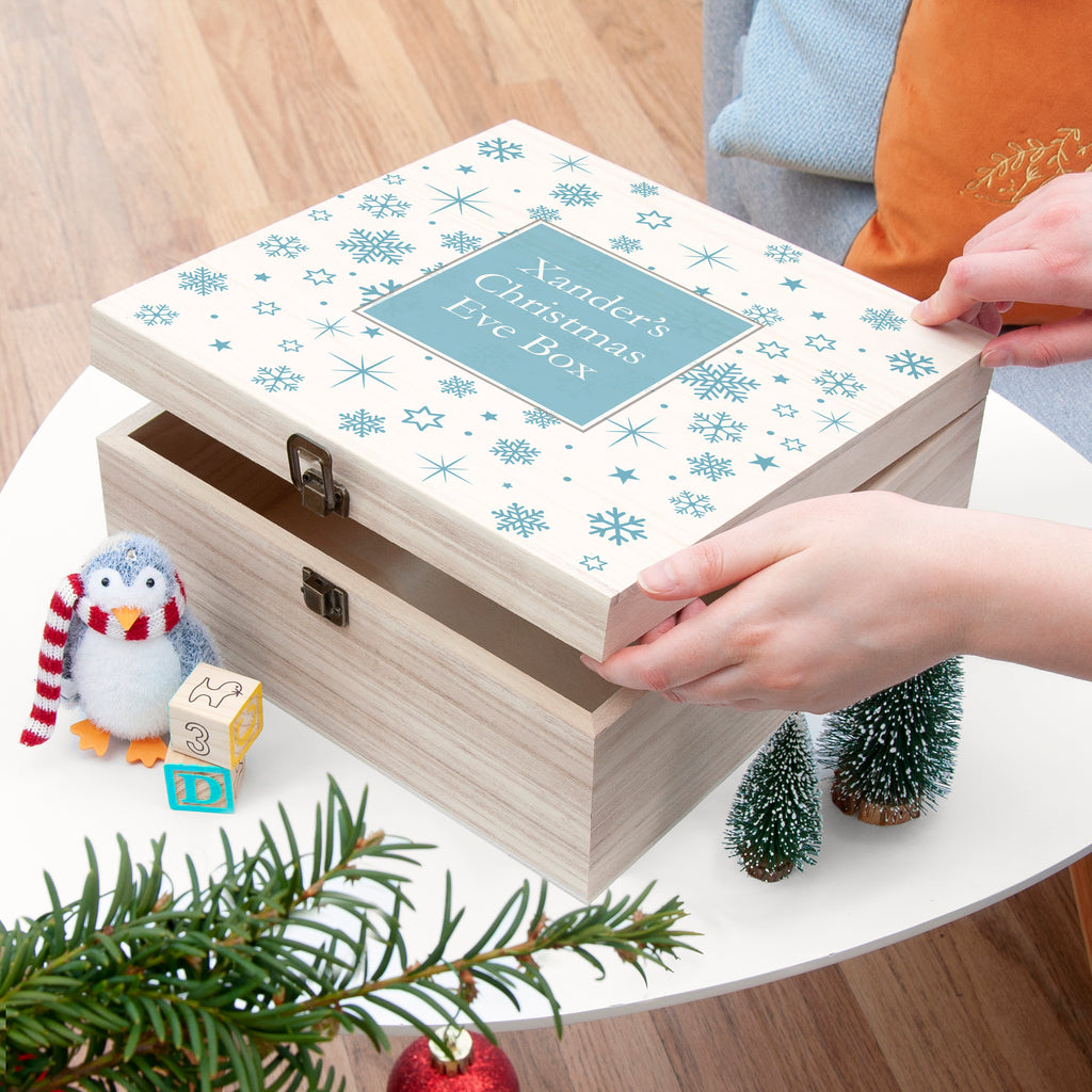 Personalised Ice Blue Snowflake Christmas Eve Box - Buy Wooden Christmas Eve Boxes at GiftMasters.co.uk