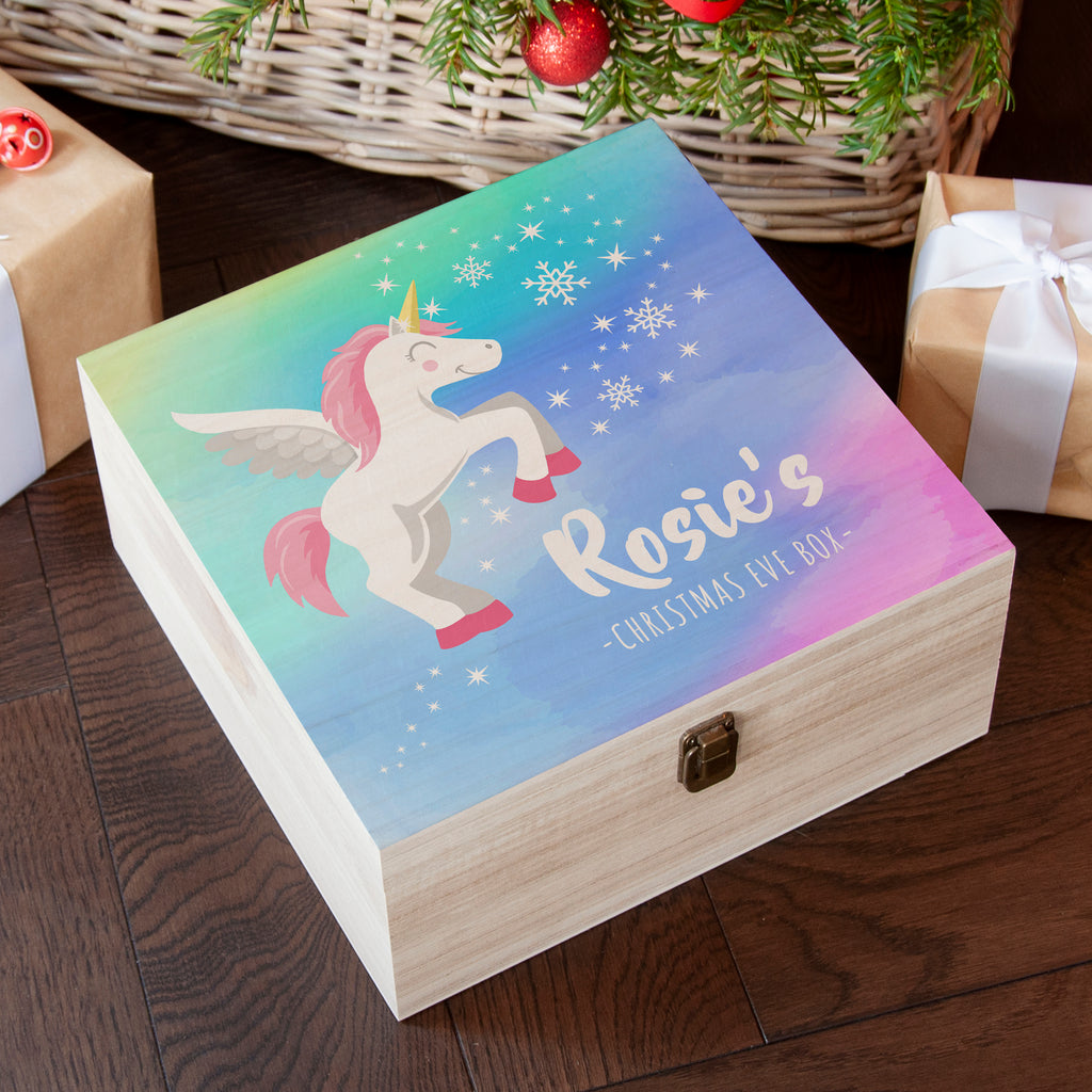 Personalised Colourful Baby Unicorn Christmas Eve Box - Buy Wooden Christmas Eve Boxes at GiftMasters.co.uk