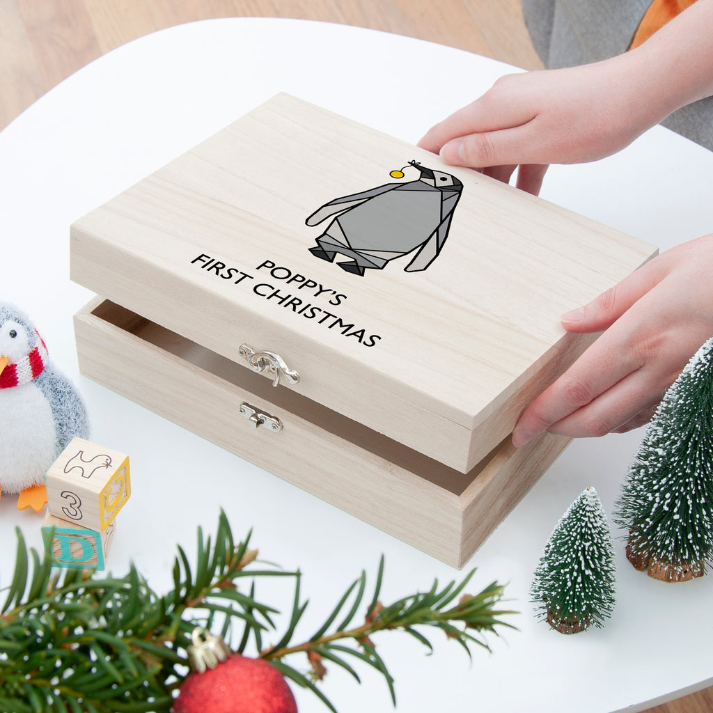 Personalised Baby Penguin First Christmas Box - Buy Wooden Christmas Eve Boxes at GiftMasters.co.uk