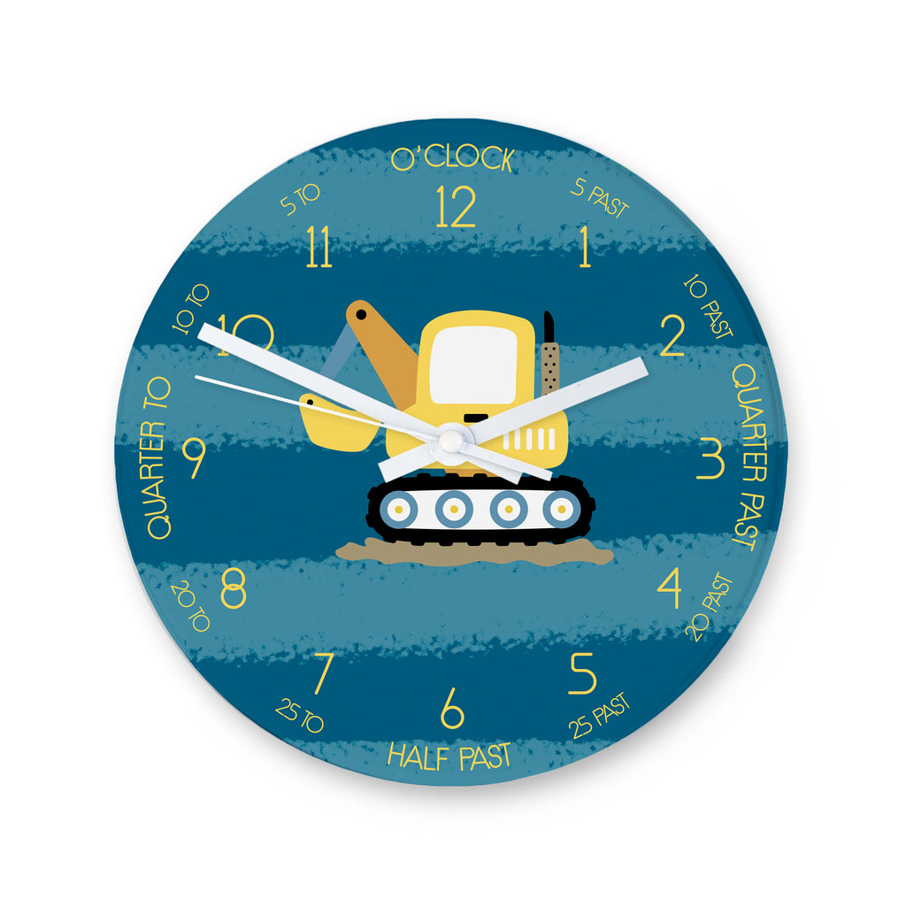 Personalised Kids Digger Glass Clock - Large - Buy Glass Clocks at GiftMasters.co.uk