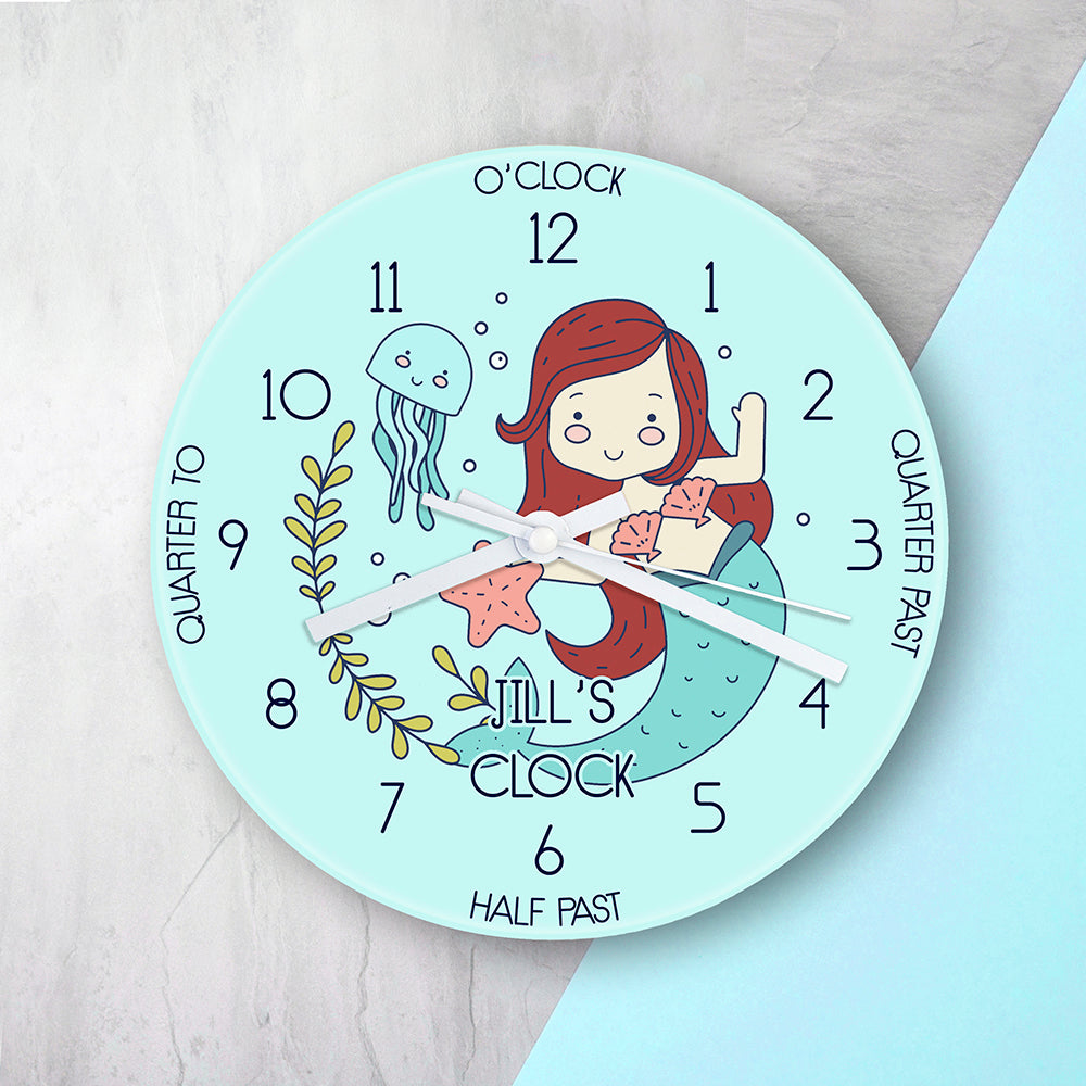 Personalised Kids Mermaid Glass Clock - Large - GiftMasters.co.uk