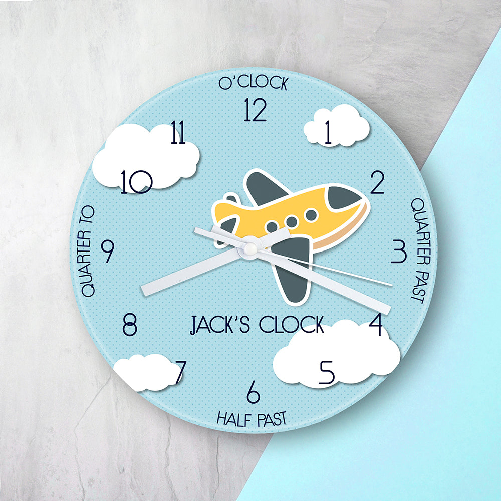 Personalised Kids Aeroplane Glass Clock - Large - Buy Glass Clocks at GiftMasters.co.uk