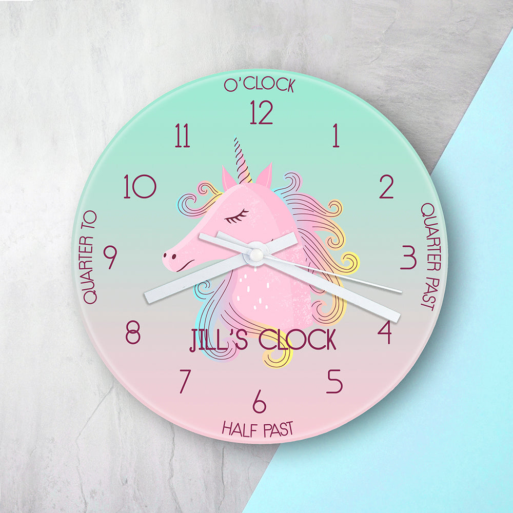 Personalised Kids Unicorn Glass Clock - Large - Buy Glass Clocks at GiftMasters.co.uk