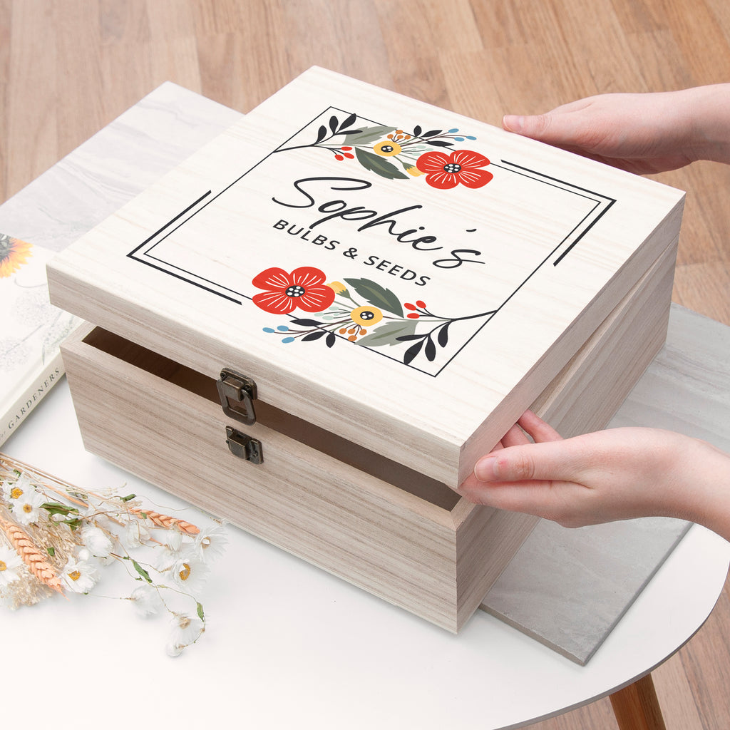 Personalised Floral Frame Garden Accessories Box - Buy Wooden at GiftMasters.co.uk