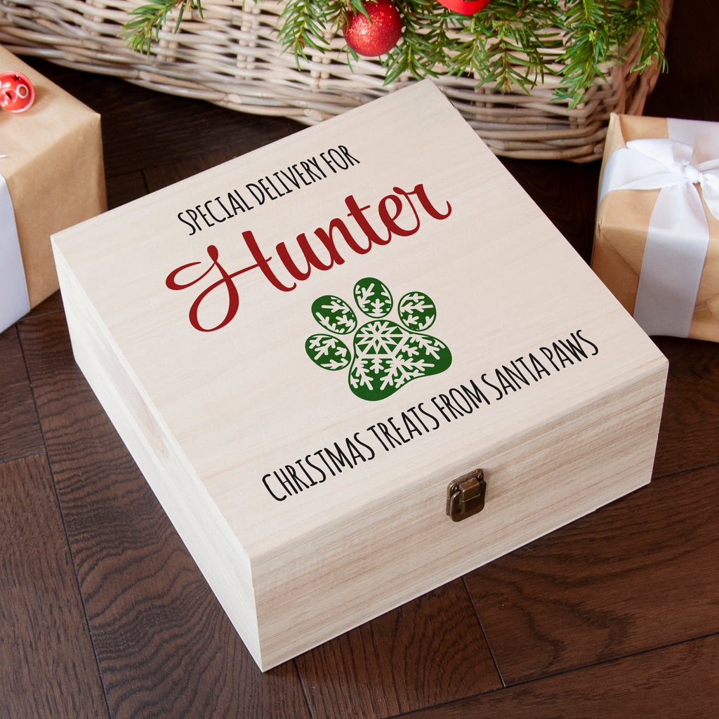 Personalised Pet Paw Christmas Treats Box - Buy Wooden Christmas Eve Boxes at GiftMasters.co.uk