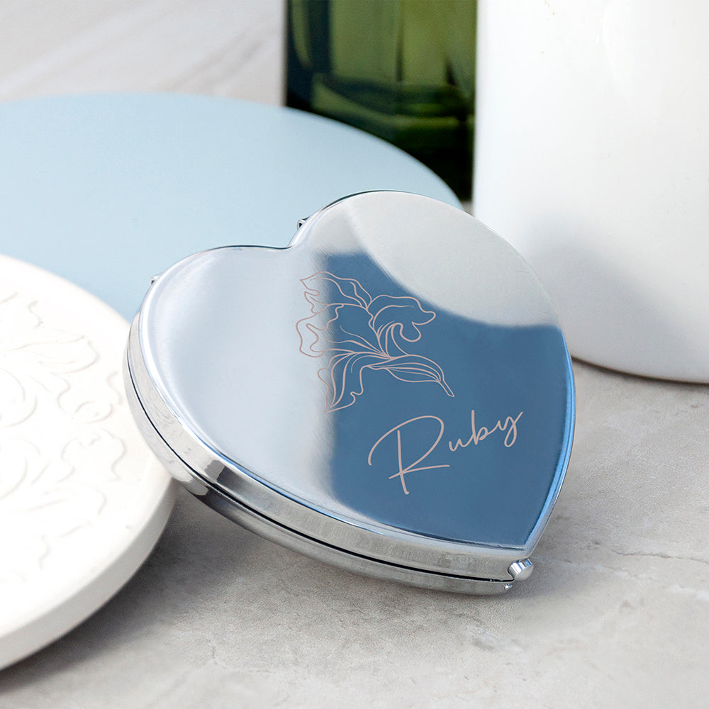Personalised Silver Heart Birth Flower Compact Mirror - Buy Metal Compact Mirrors at GiftMasters.co.uk