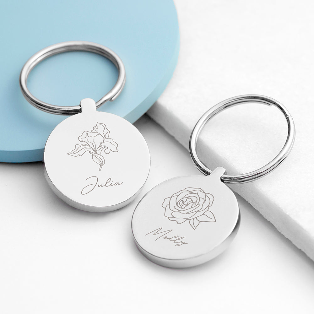 Personalised Round Birth Flower Keyring - Buy Metal Keyrings at GiftMasters.co.uk
