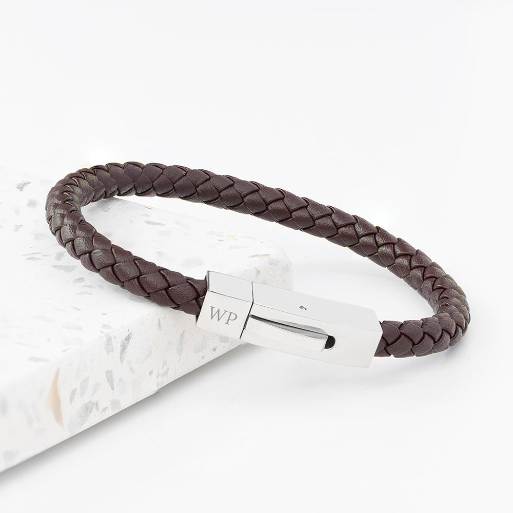 Personalised Men's Brown Leather Contemporary Clasp Bracelet - Buy Leather Accessories at GiftMasters.co.uk