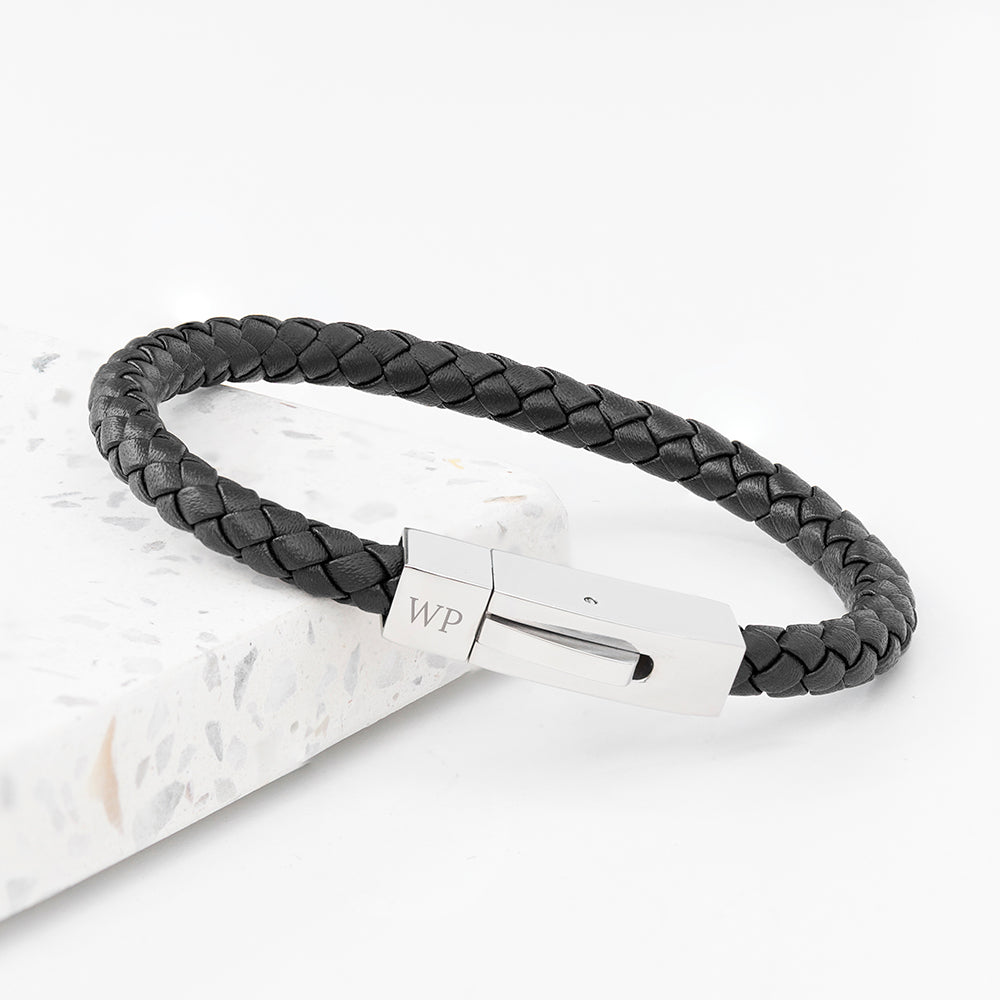 Personalised Men's Black Leather Bracelet with Tube Clasp - Buy Leather Accessories at GiftMasters.co.uk