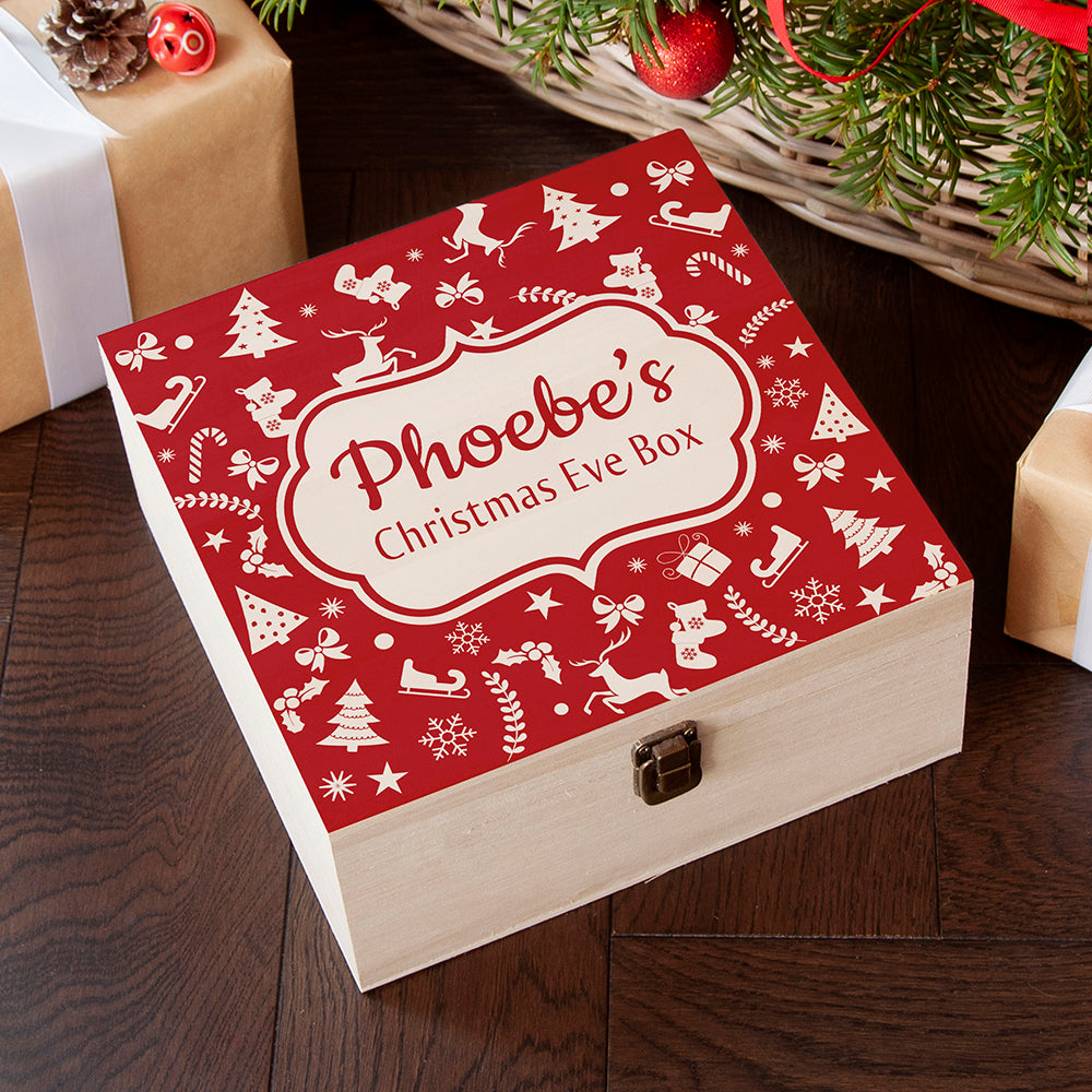 Festive Pattern Square Christmas Eve Box RED - Medium - Buy Wooden Boxes at GiftMasters.co.uk