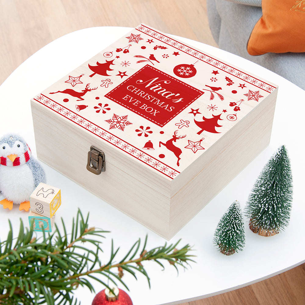 Personalised Festive Scandi Print Christmas Eve Box - Medium - Buy Wooden Boxes at GiftMasters.co.uk