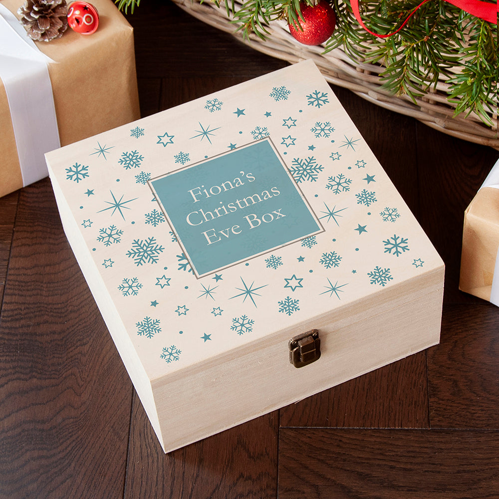 Personalised Ice Blue Snowflake Christmas Eve Box - Medium - Buy Wooden Boxes at GiftMasters.co.uk